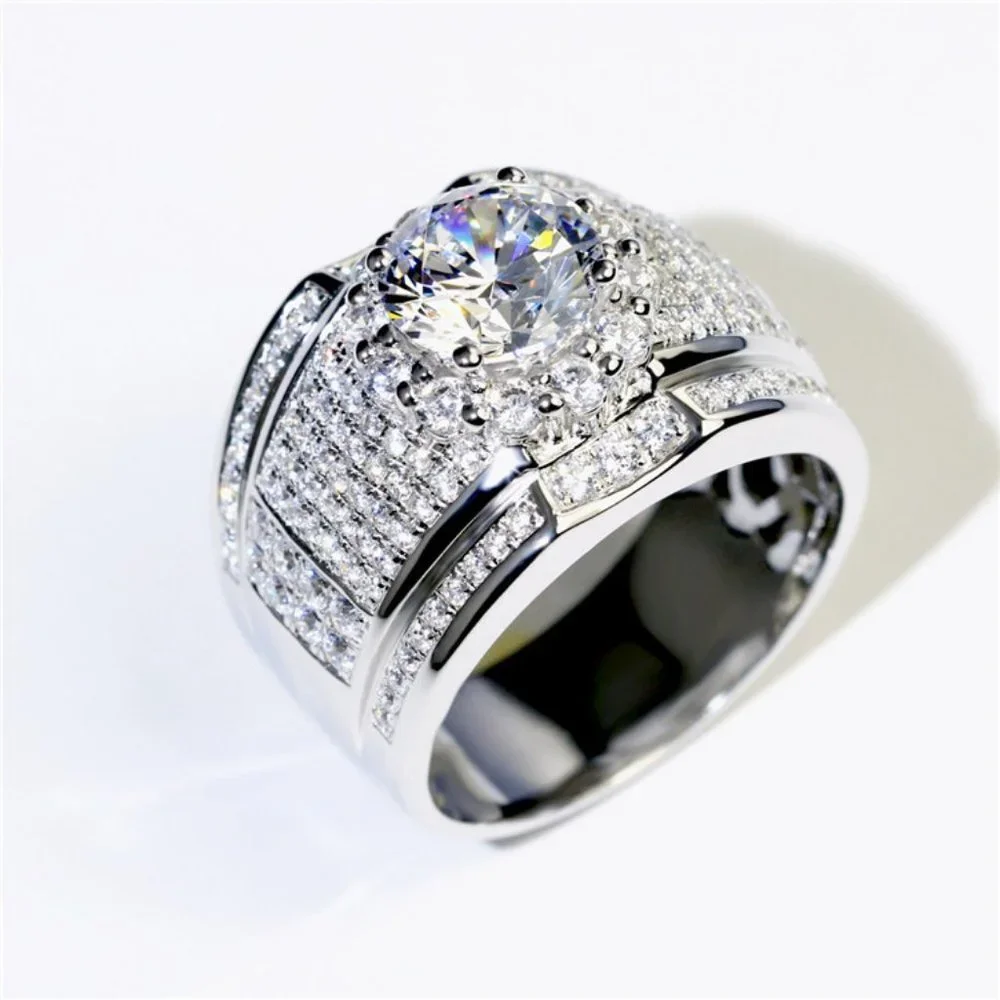 NEW Silver Round Halo Diamond Wide Wedding Band Ring - Picture 6 of 6